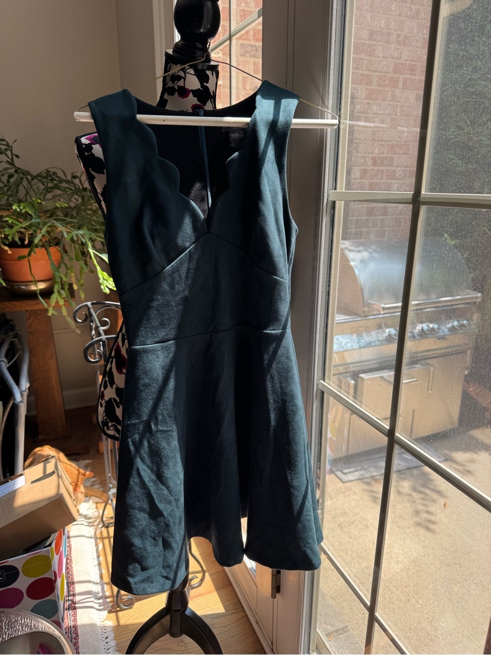 Aqua Teal Suede Scalloped V-Neck A-Line Mini Dress